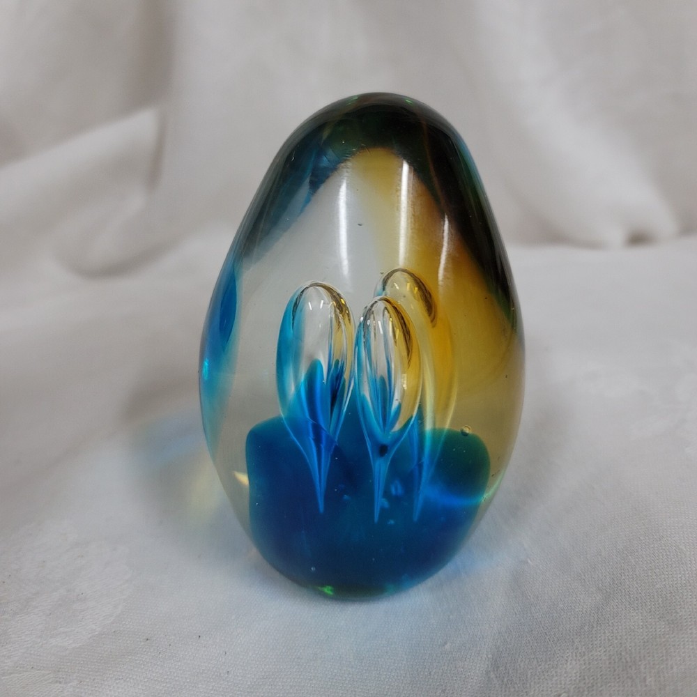 Abstract Art Glass Paperweight Blue Yellow Large Bubbles-image