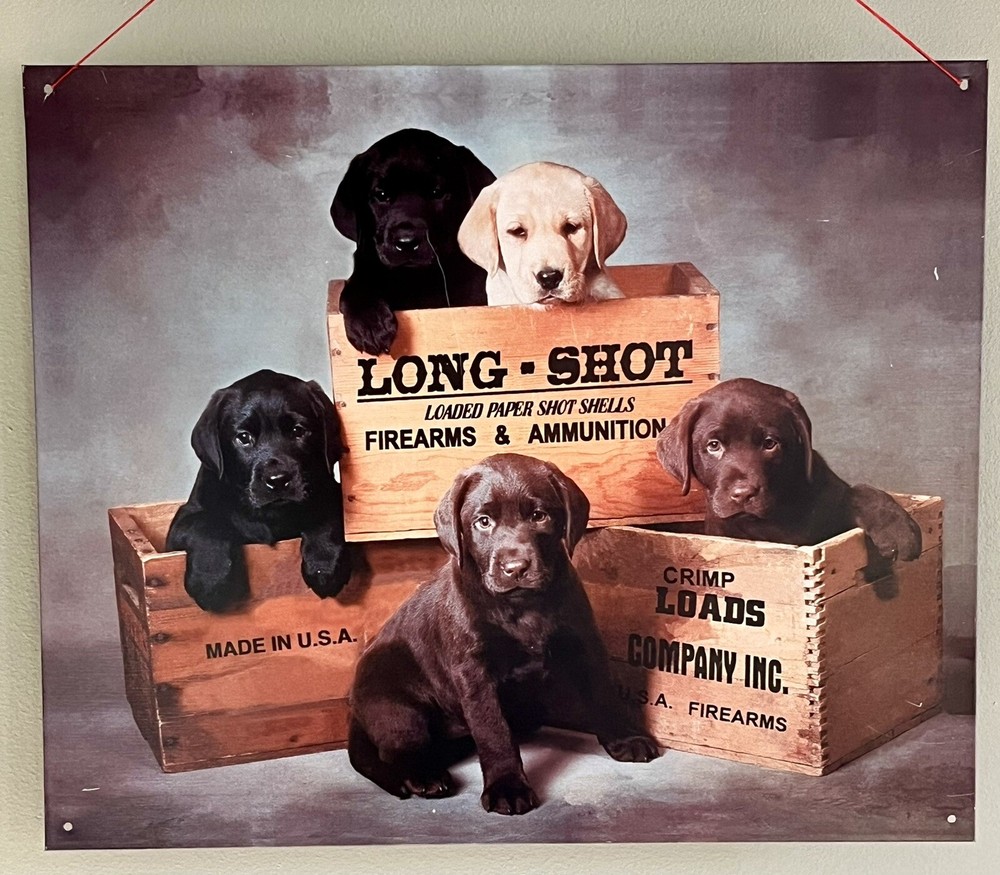 1996 Tin Metal Wall Sign Long Shot Shell Box Ammo Ad Lab Labrador Dog Puppy Pup