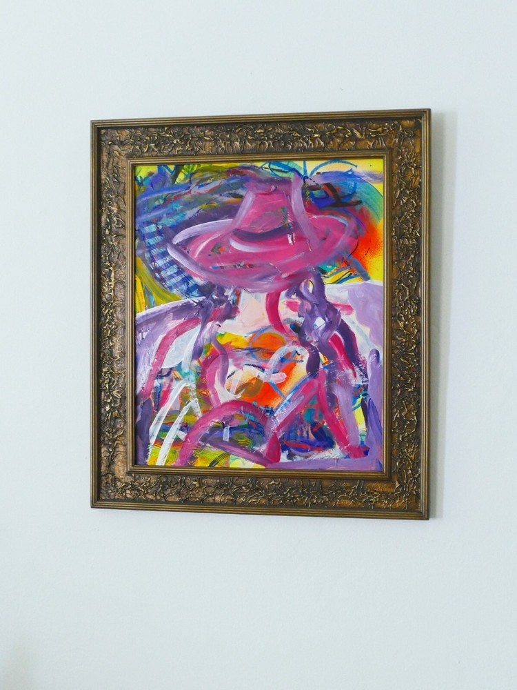 Modern art abstract acrylic painted gallery finish with frame gold ready to hang-image