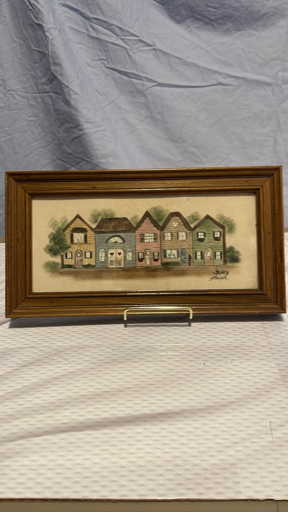 Folk Art Row Houses Signed Sandy Honan Framed Wood Country Cottage Decor 💥