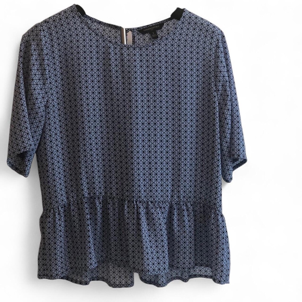 Banana Republic Peplum Blouse Geometric Elastic Waist Women’s S Blue