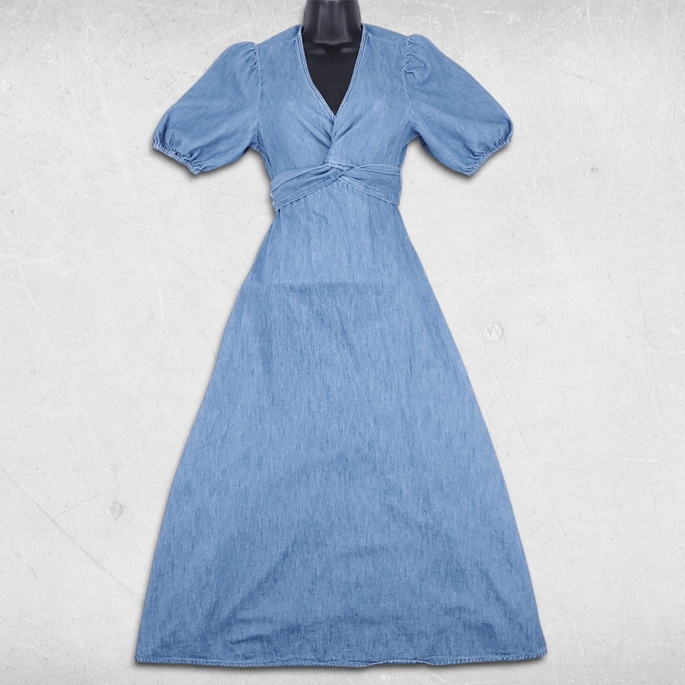 Old Navy Twist Front Midi Dress Womens S Denim Blue Puff Sleeve Cottage Boho