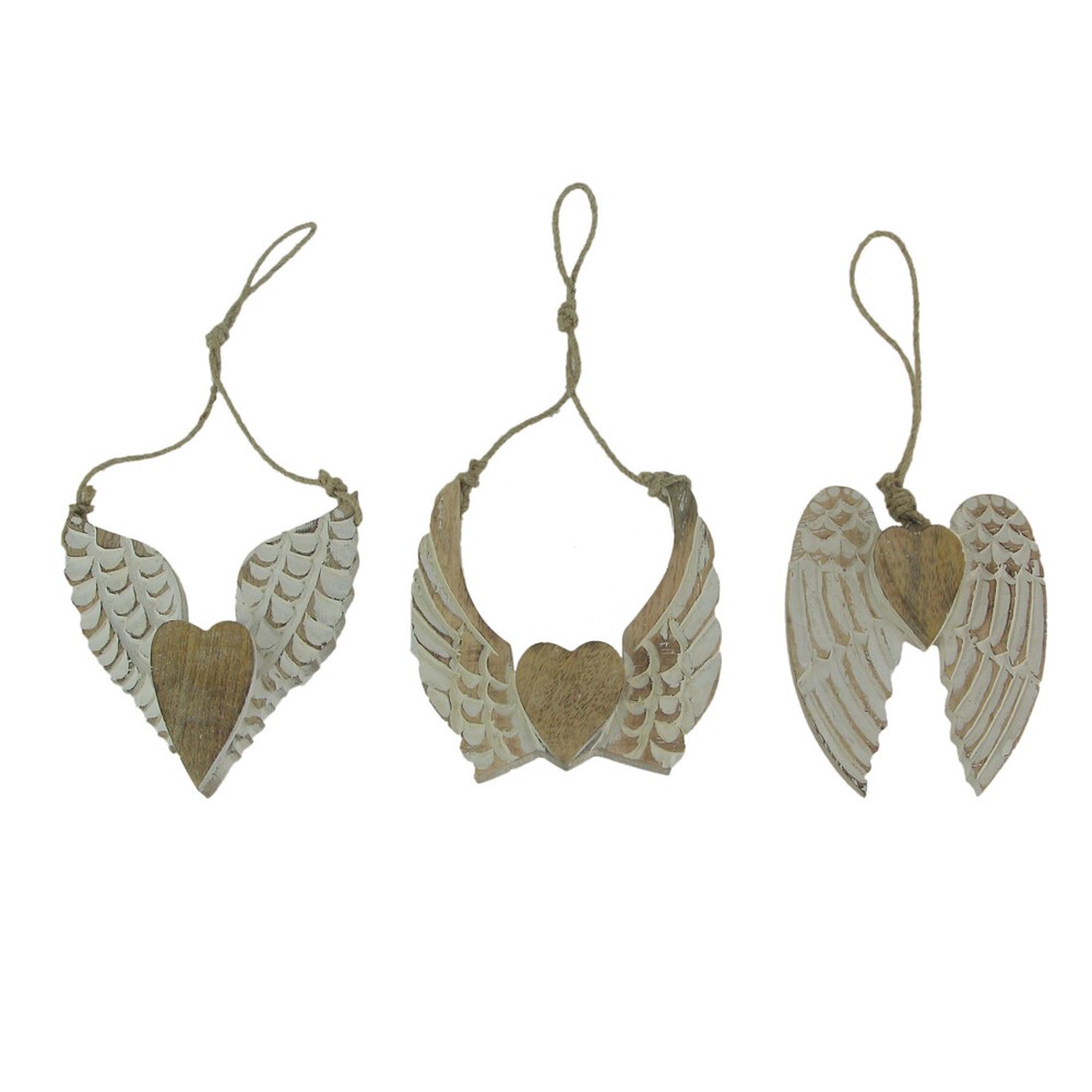 Set of 3 Wood Angel Wings Heart Sculptures Rustic Twine Hanging Wall Decor Art