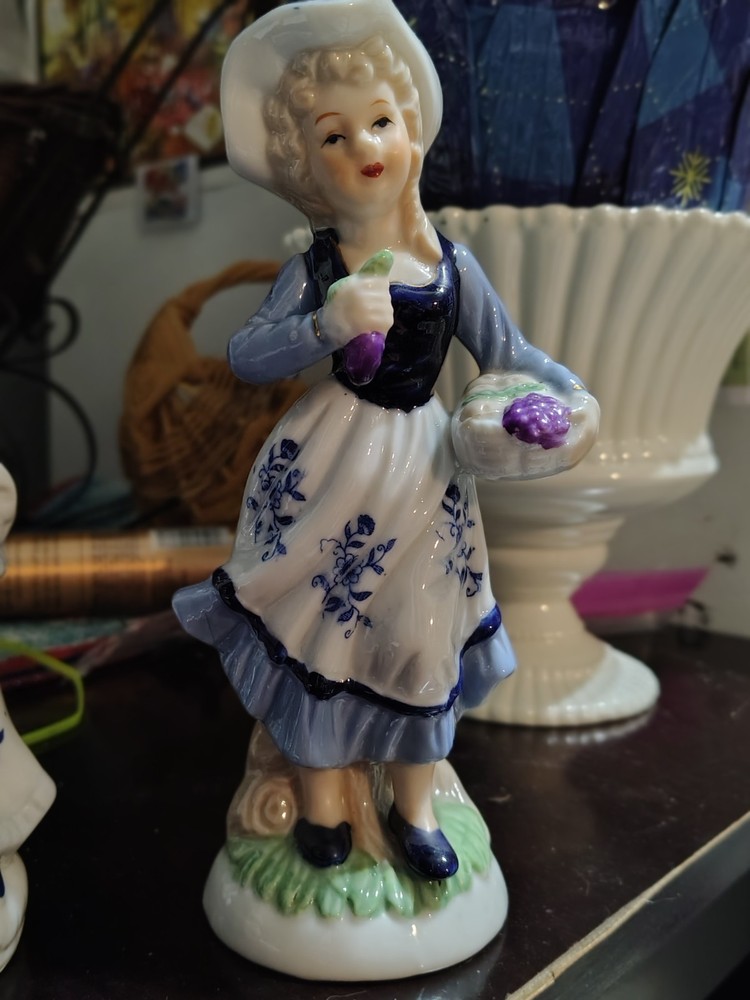 Blue and White Porcelain Woman Figurine with Floral Pattern, Glossy Finish