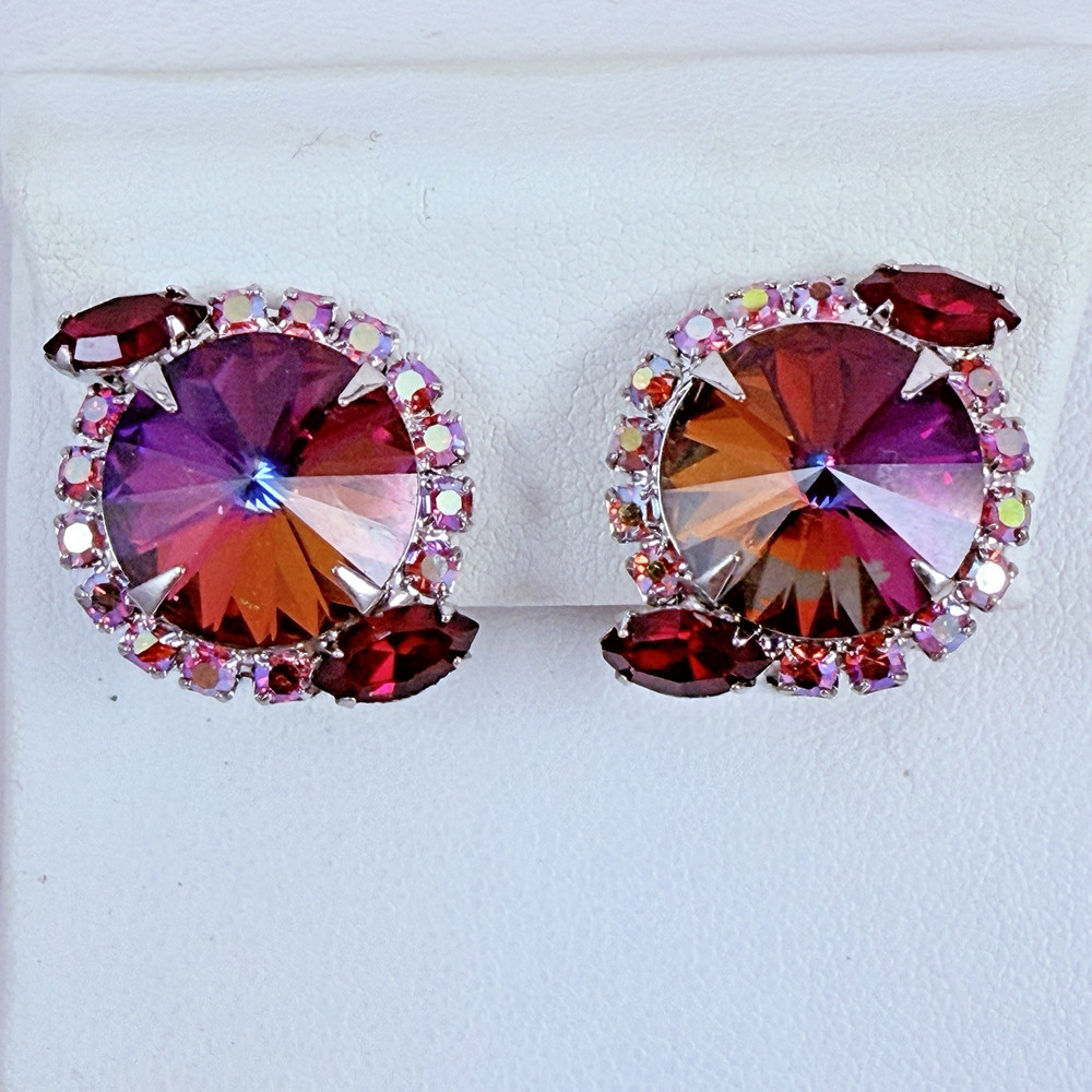 Vintage JULIANA Rivoli Red AB Rhinestone Silver Tone Clip Earrings Silver Tone