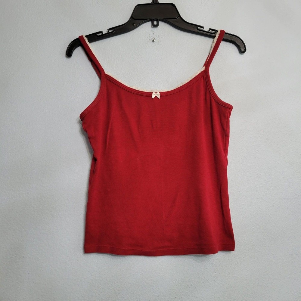 Gap Body Y2K Red Camisole Tank Top XS White Lace Trim Bow Coquette Soft Grunge
