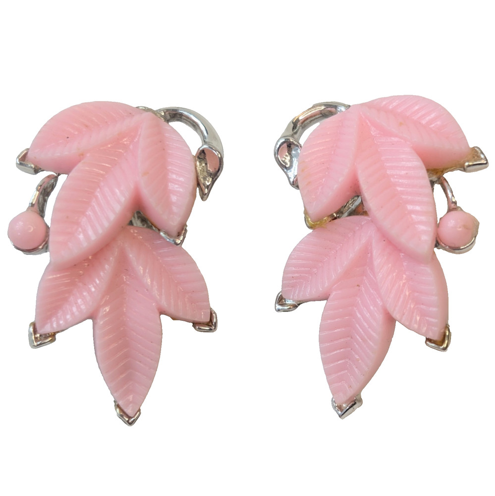 Lisner Pink Thermoset Lucite Leaf Clip On Earrings Vintage Silver Tone Signed