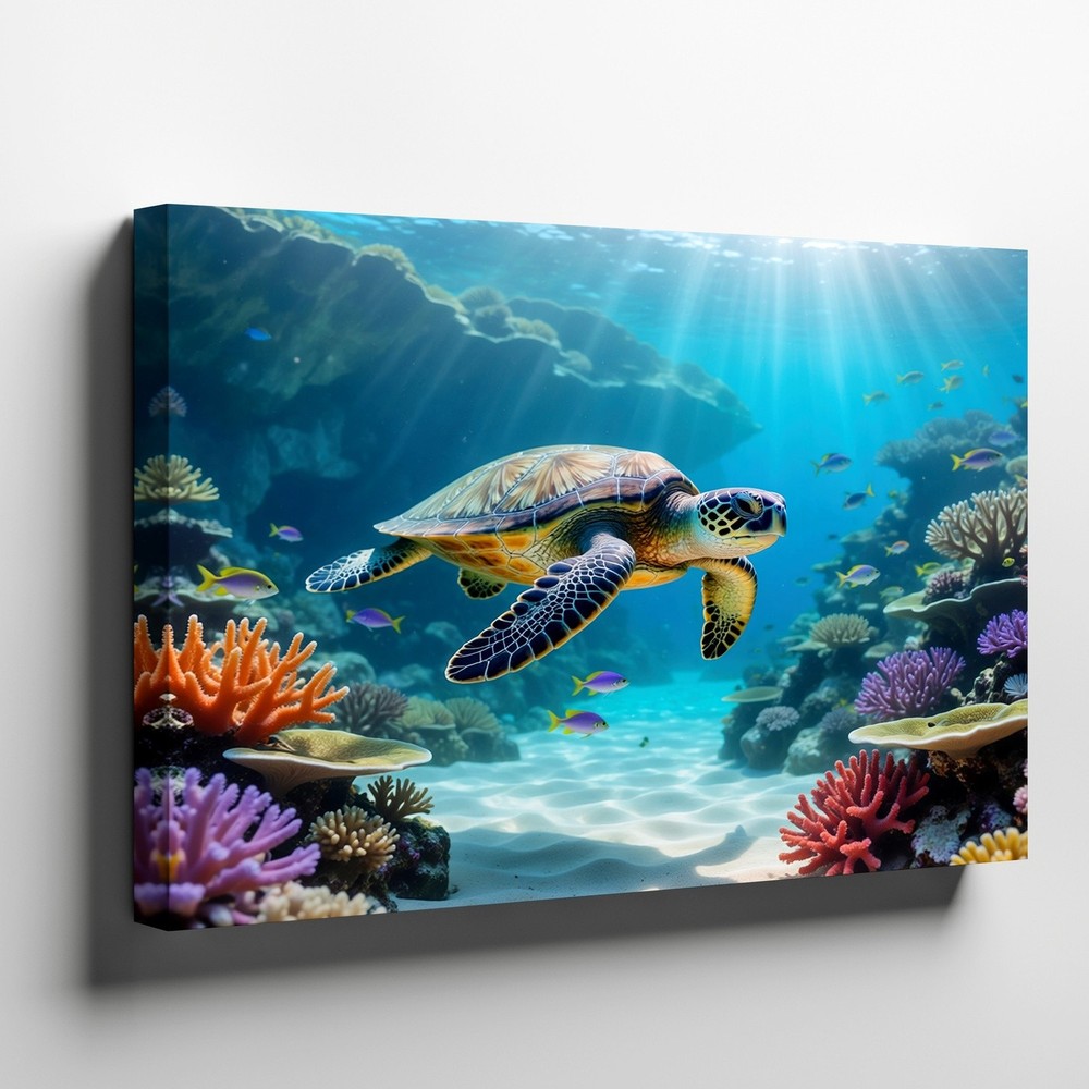 Sea Turtle Canvas Wall Art Ocean Reef Underwater Scene Marine Life Decor Print