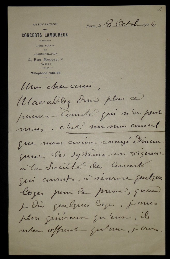 CHEVILLARD Camille - SIGNED AUTOGRAPH LETTER, CONCERTS LAMOUREUX, PARIS, 1906