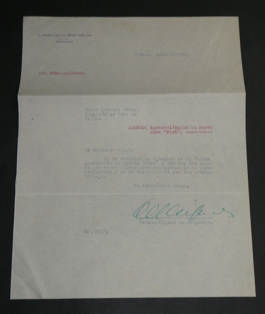 Carlos Miguel Céspedes - Letter Dactylographiée Signed Armand Godoy - Foch