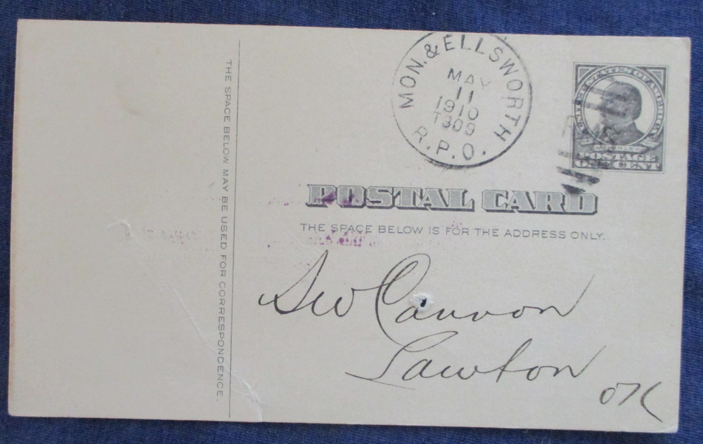 1910 Sarcoxie Missouri A.B. Cox Postal Card Mon & Ellsworth RPO Cancel