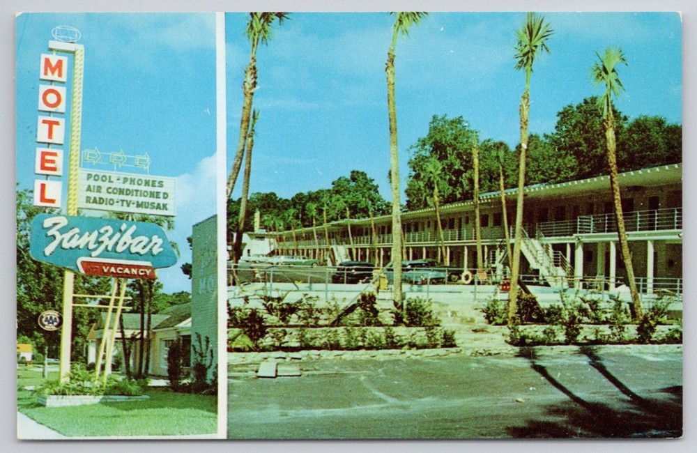 Vintage Zanzibar Motel Jacksonville FL Postcard 1950s Chrome Roadside Americana