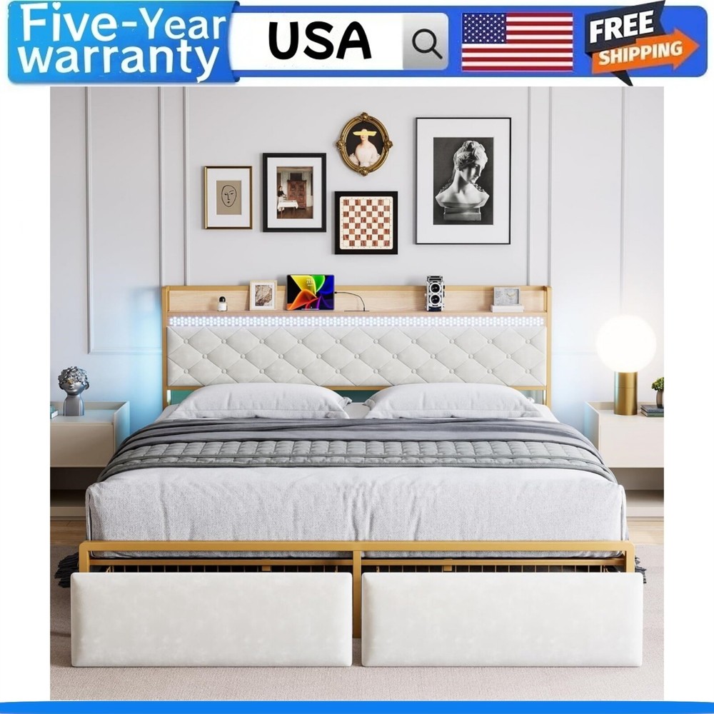 Queen Bed Frame with Storage Headboard and 2 Drawers LED Lights Metal Platform