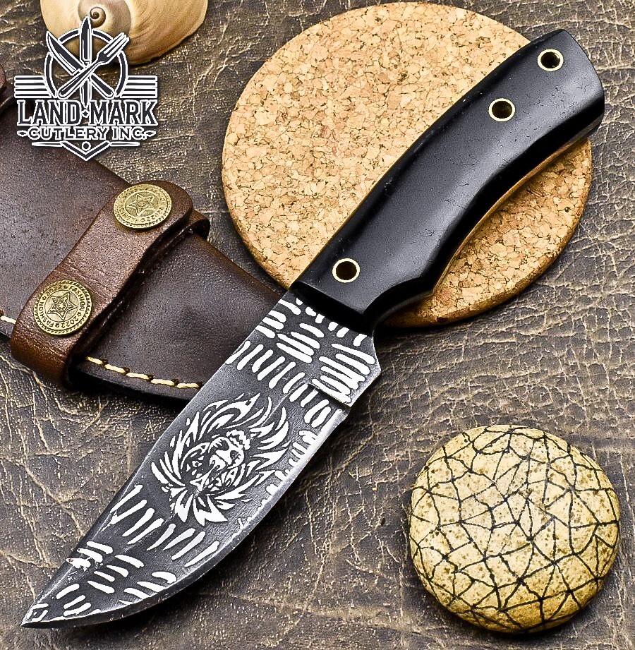 BEAUTIFUL CUSTOM MADE DAMASCUS HUNTING SKINNER KNIFE WITH WOOD BLACK HANDLE