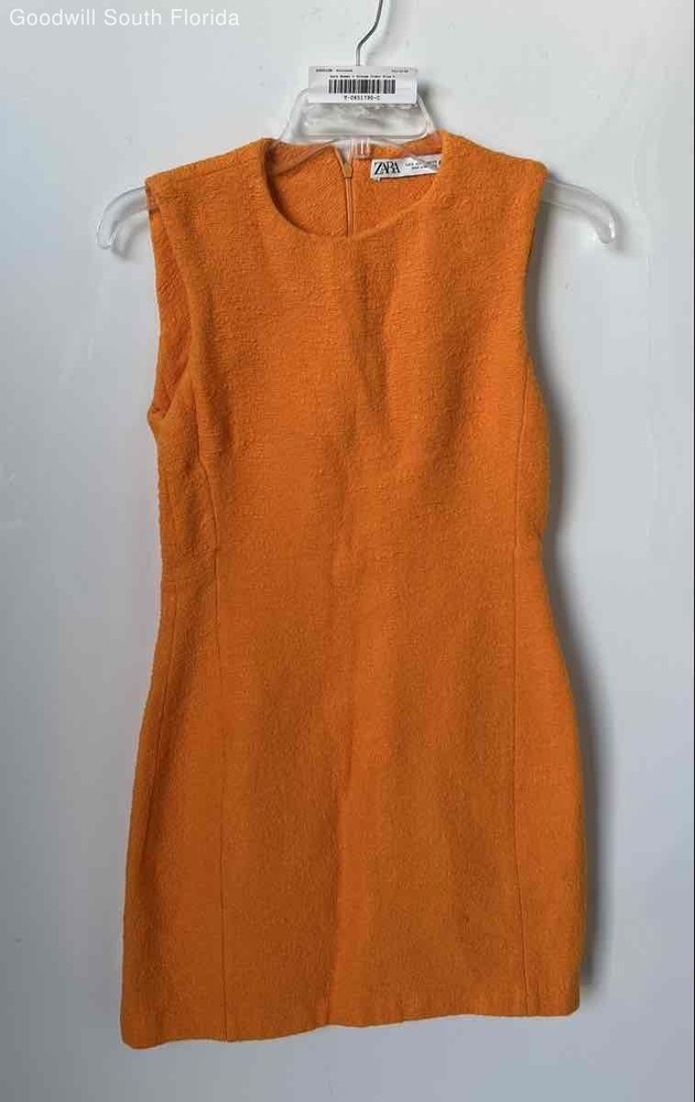 Zara Womens Orange Textured Sleeveless Crew Neck Back-Zip Mini Dress Size Small