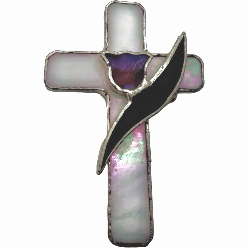 Vintage Stained Glass Cross Brooch Pendant Tulip Flower Iridescent Religious