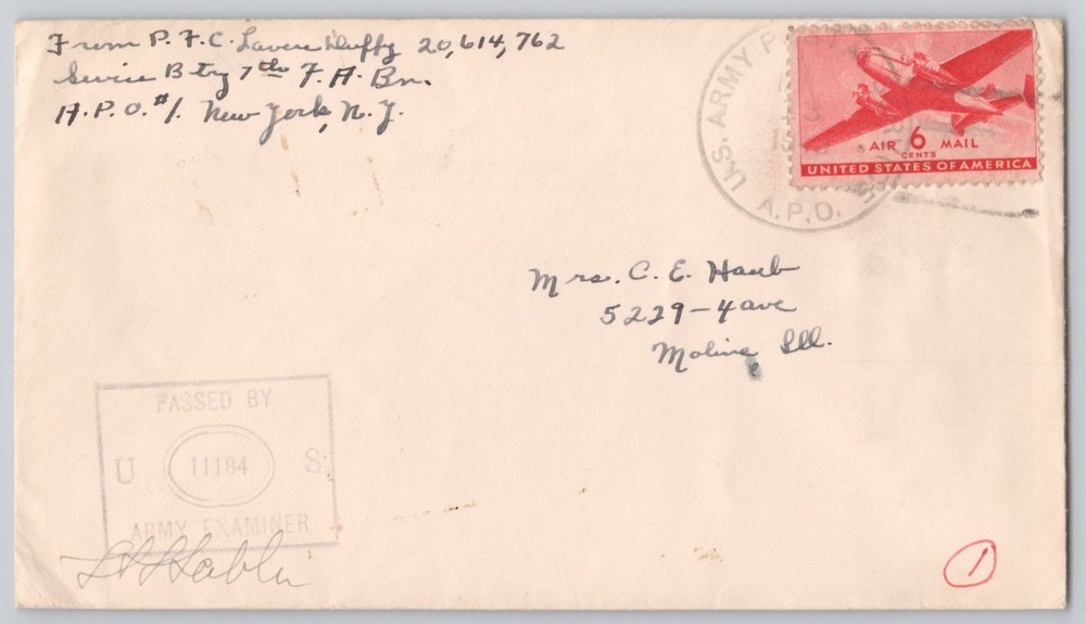 U.S. Army APO Censored Airmail Cover, 6c Air Mail Plane Stamp WWII Censor