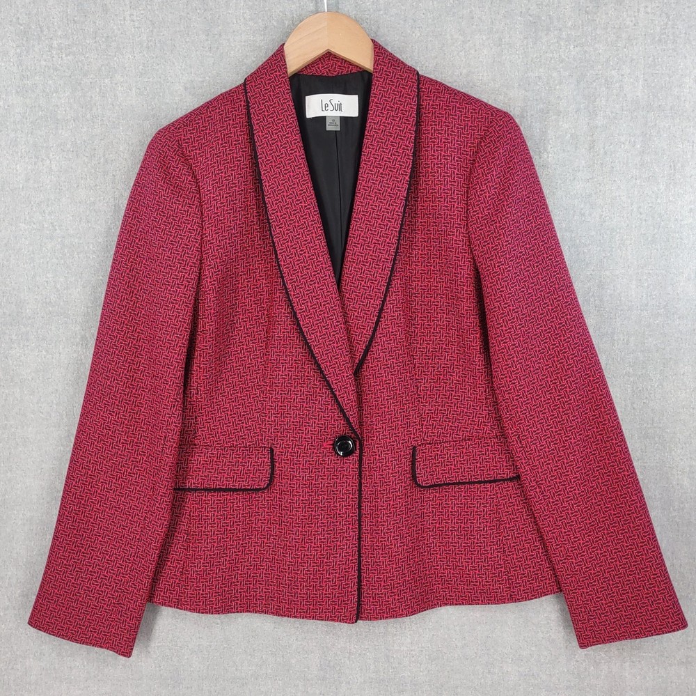 Le Suit Career Blazer Womens 10 Pink Black Geometric Textured Jacket Work Office