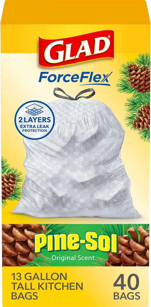 Trash Bags, Forceflex Tall Kitchen Drawstring Garbage Bags, 13 Gal, Pine-Sol ...