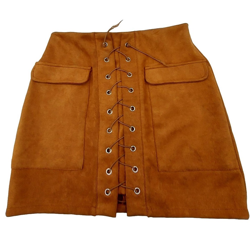 Vestidos Women's Faux Suede Mini Skirt Lace Up Size Large Brown Zipper