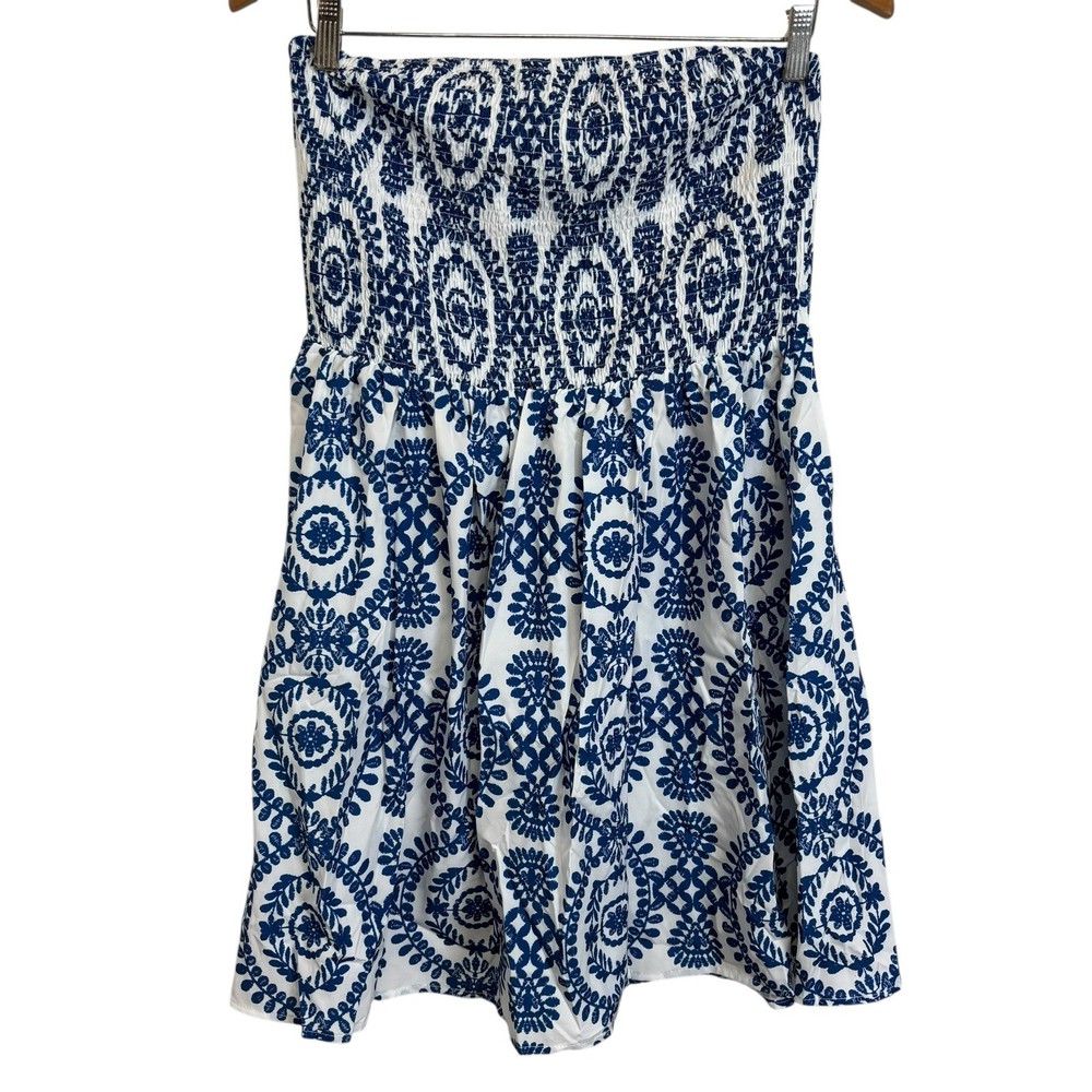 Women’s Chic Blue And White Pattern Smock Top Tube Dress Size XL 0459