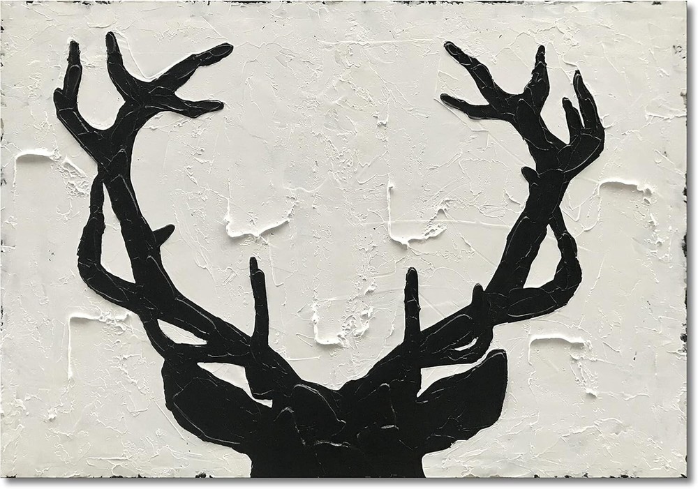Hand-painted black and white antlers oil painting for wall decor mural