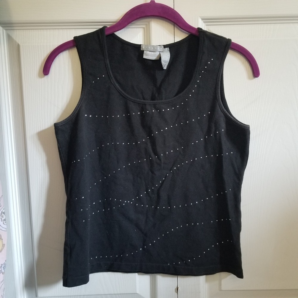 Y2K Vintage Women's Tank Top Medium Black Silver Rhinestones Bling Stretch