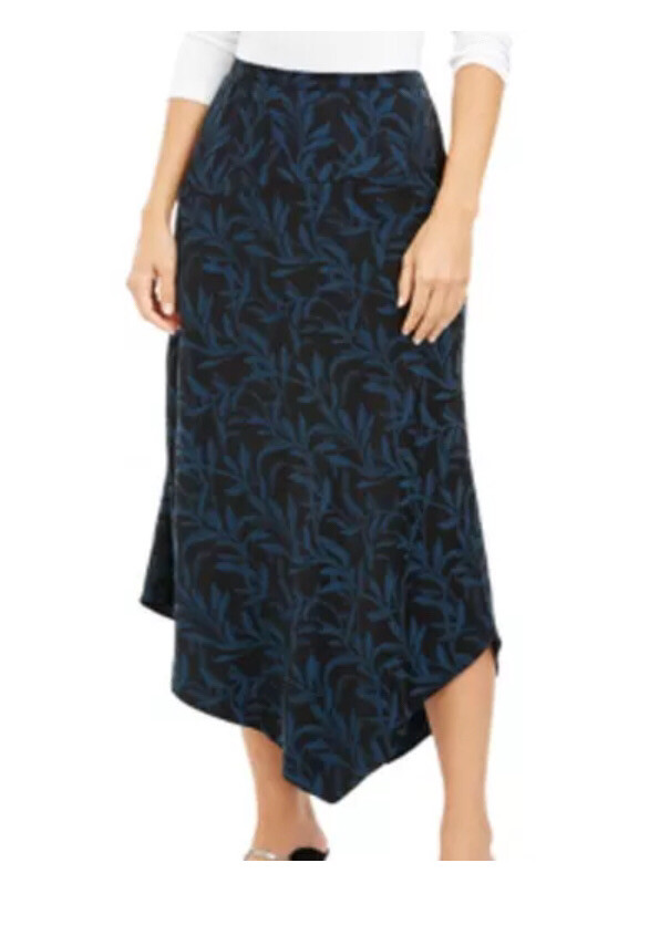 ALFANI Blue Black Leafy Vine Asymmetrical Midi Skirt Size 14  