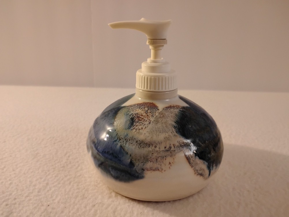 Vintage Kravec Studios Signed Handmade Pottery  Drip Glaze Soap Dispenser.