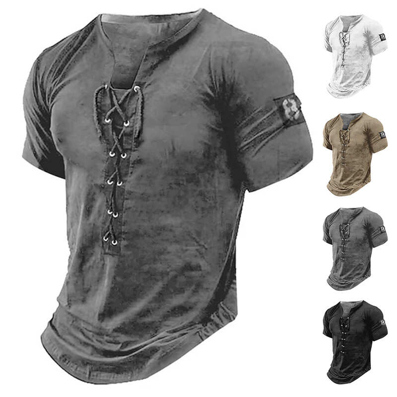 * Mens Lace Up Muscle Slim Fit T-Shirt Short Sleeve Gym Sport Fitness Tee To