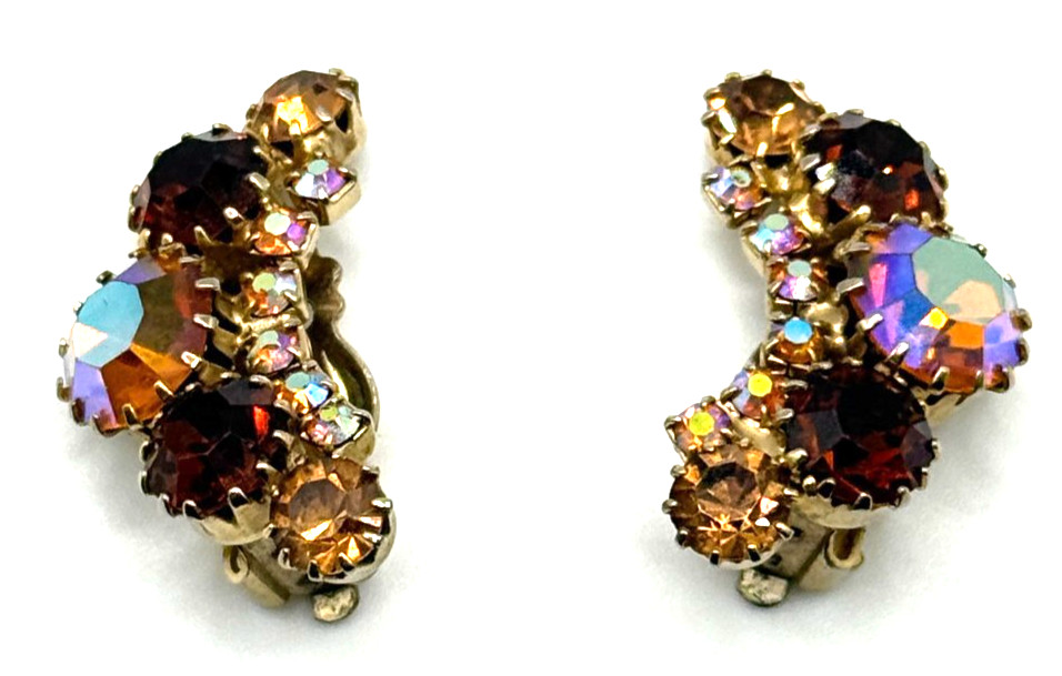 Vintage Weiss Signed Topaz & AB Topaz Rhinestone Clip On Earrings