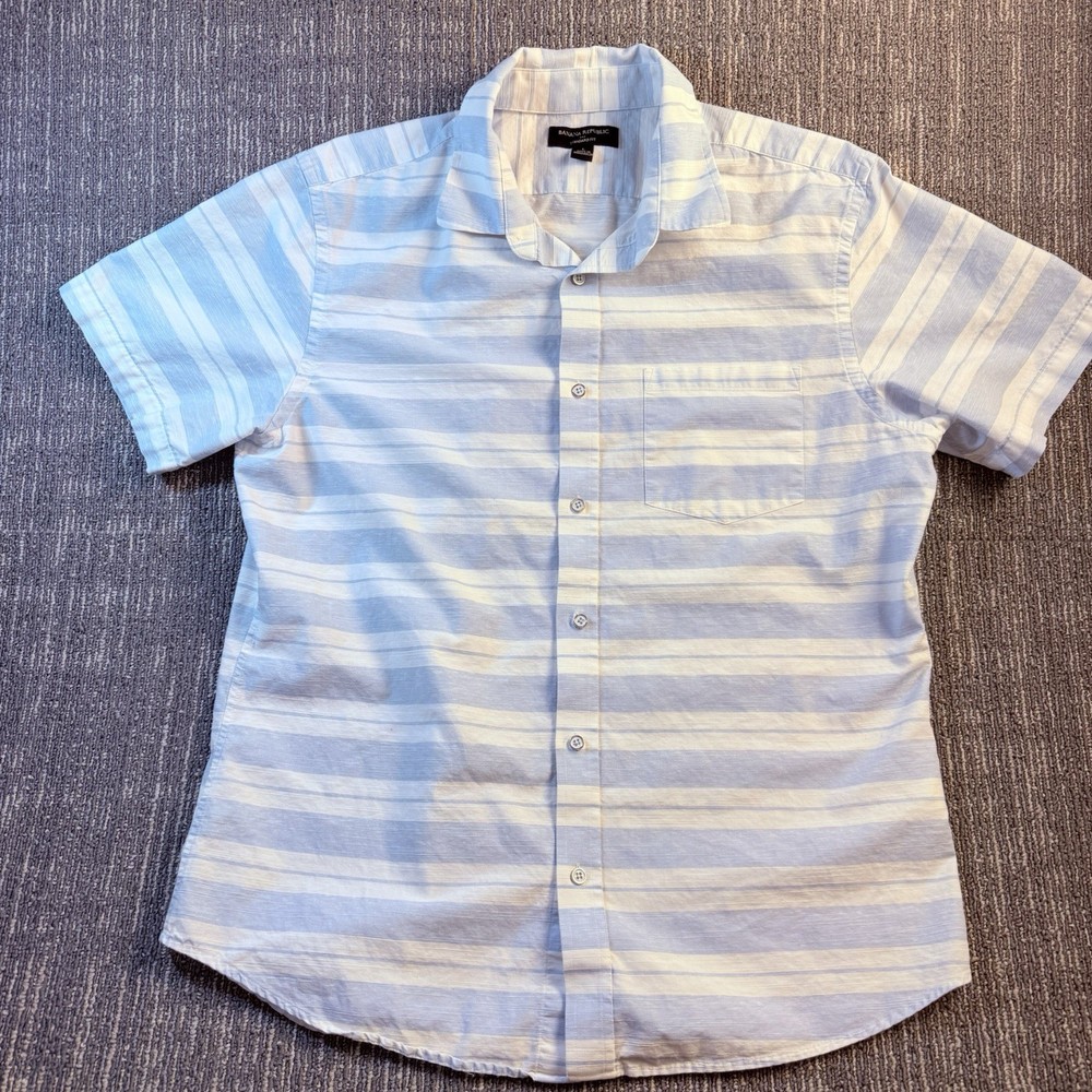 Banana Republic Mens Blue & White Striped Short Sleeve Button-Up Shirt Size L