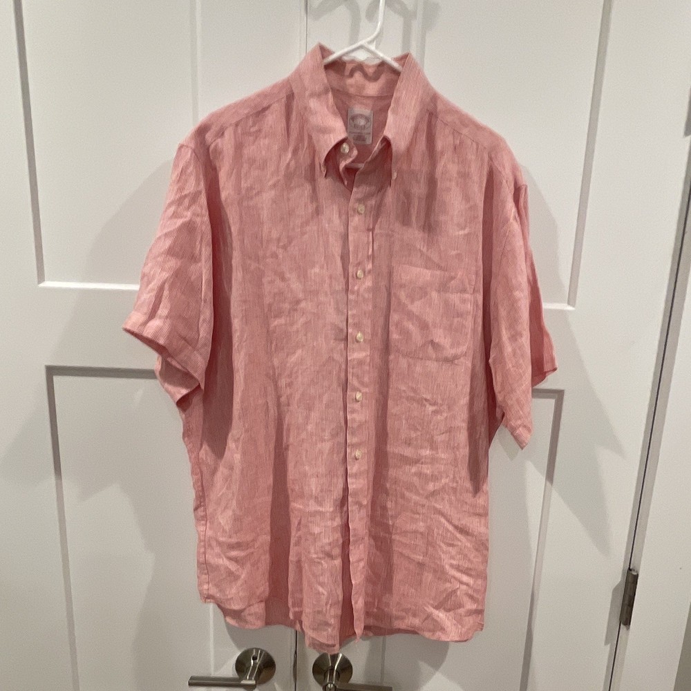 Brooks Brothers Men's L Pink White Striped Linen Short Sleeve Button-Up Shirt