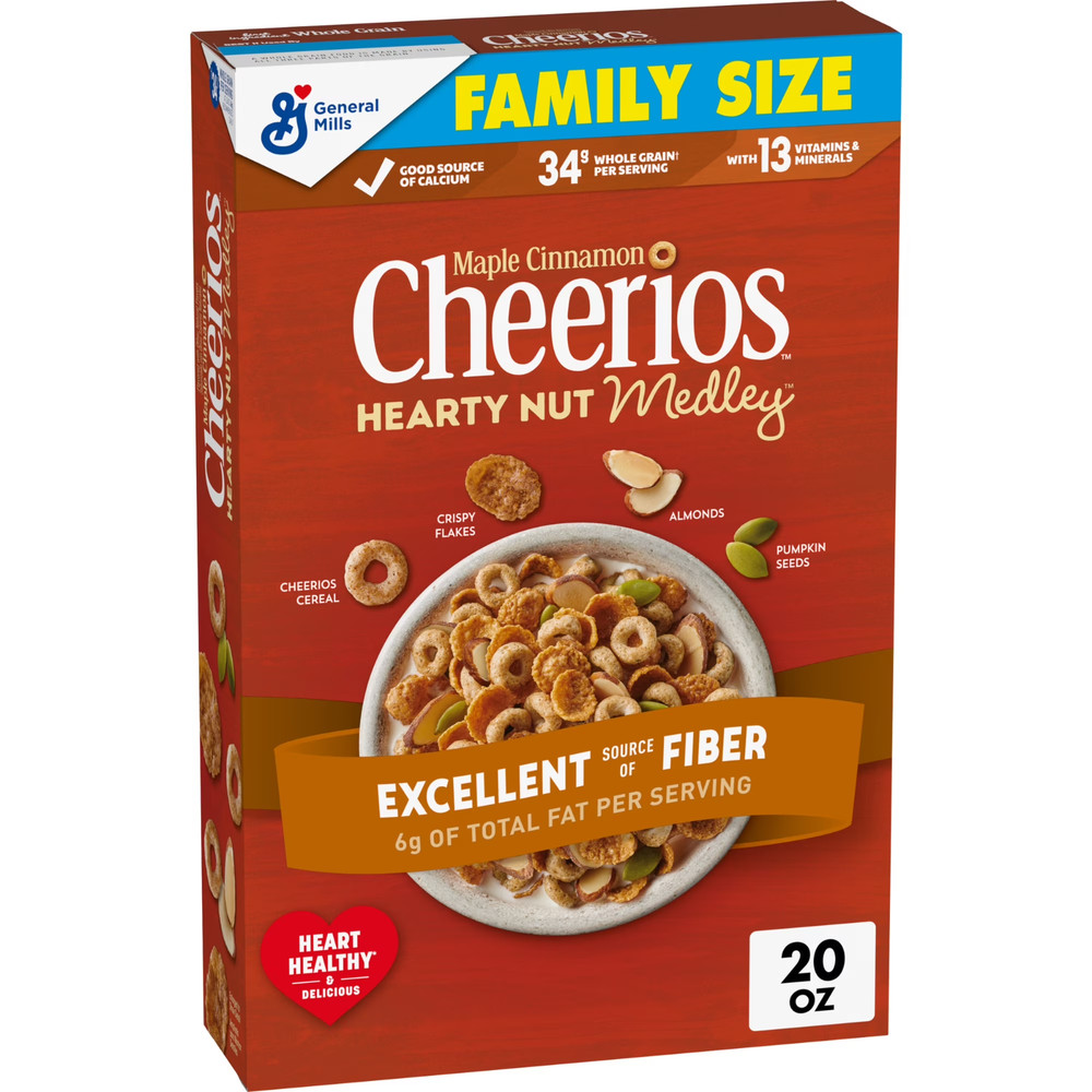 Cheerios Hearty Nut Medley Breakfast Cereal, Maple Cinnamon, Family Size, 20 oz