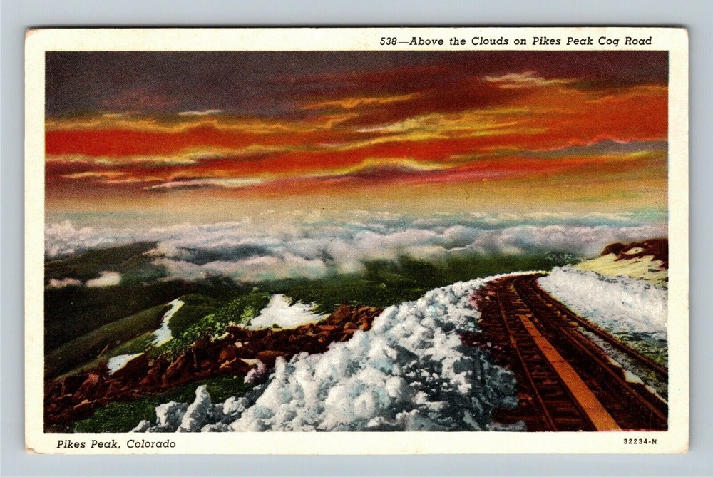 Pikes Peak Colorado ABOVE THE CLOUDS, COG ROAD Vintage Souvenir Postcard