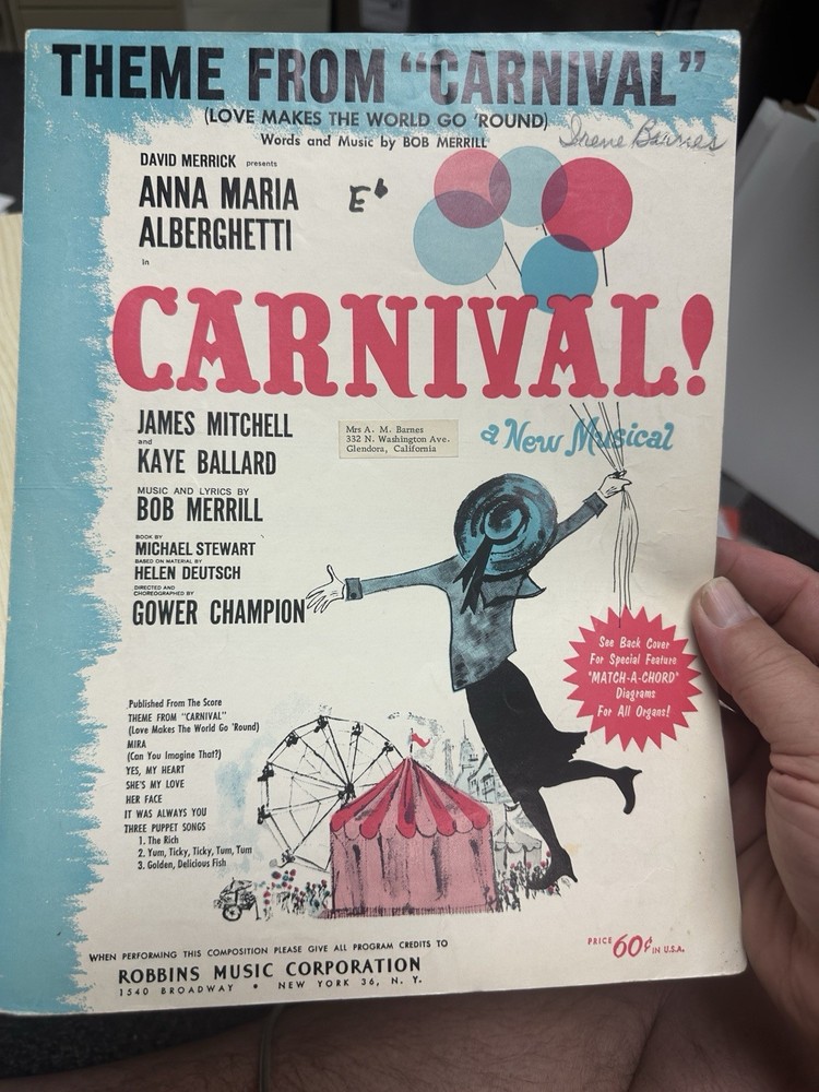 M 1961 ANNA MARIA ALBERGHETTI Sheet Music from CARNIVAL ‘Theme From Carnival’