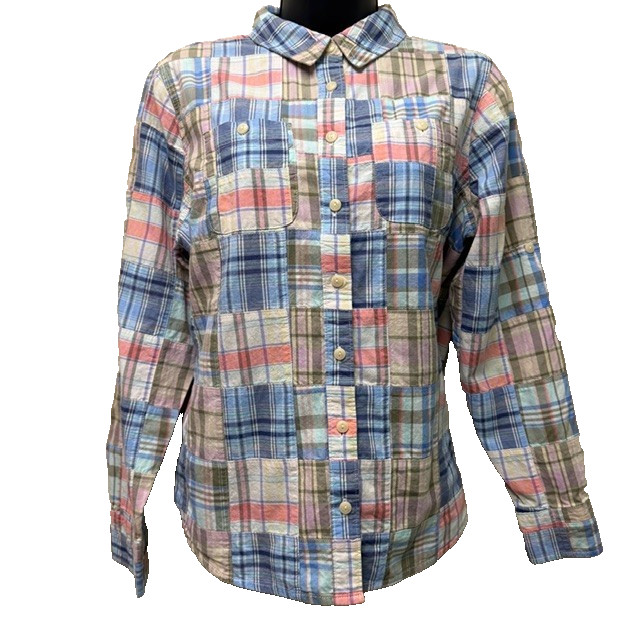 LL BEAN Patchwork Madras Plaid Shirt Small Petite Pink Blue Roll Tab Long Sleeve