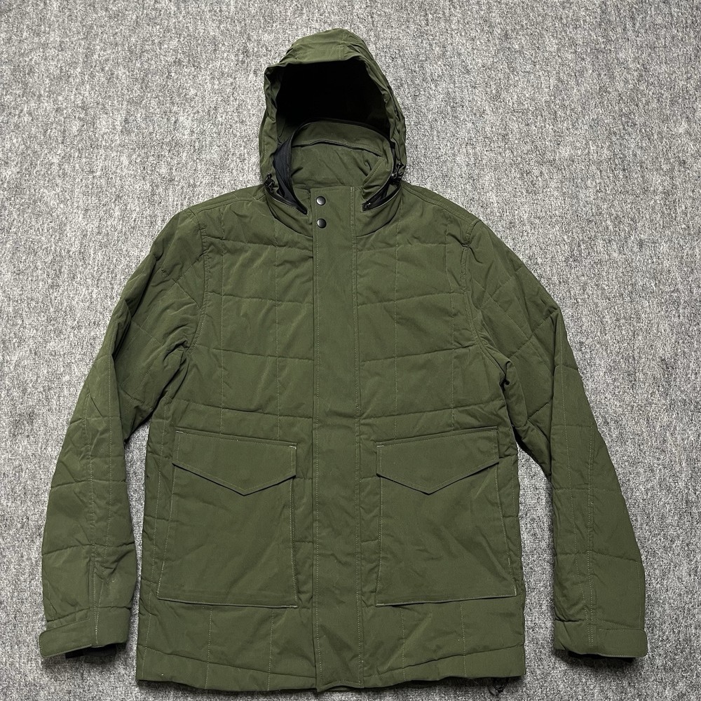 Proof Mens Jacket Medium Olive Green Quilted Puffer Retractable Hood Huckleberry
