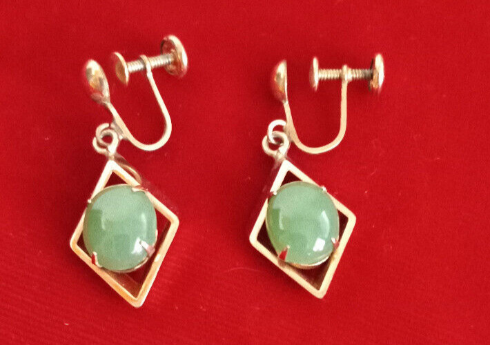 Vintage  Gold Filled  Dangle faux jade screw back Earrings #22