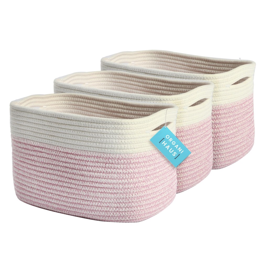 Set of 3 Pink Woven Baskets for Organizing, Cotton Rope Basket for Decor, Sho...