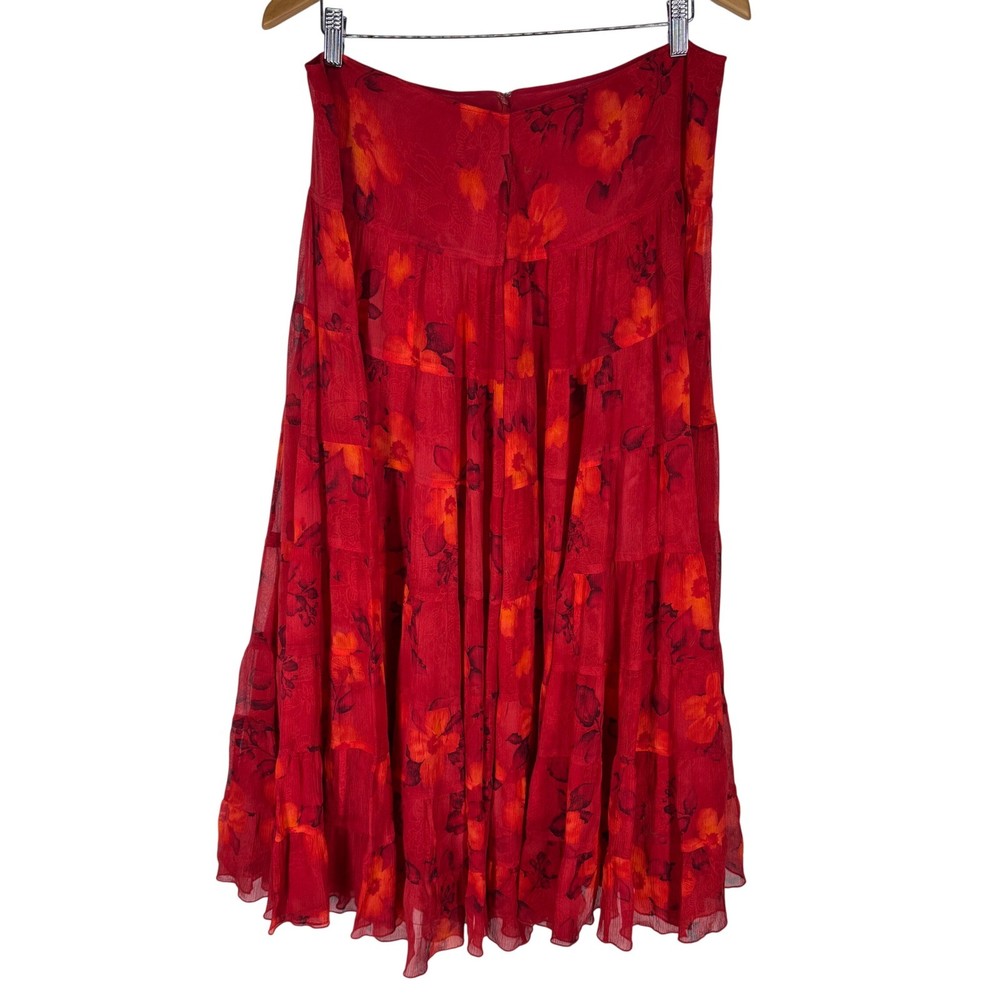 Vintage Floral 100% Silk Tiered Maxi Skirt Red Flower Boho Chiffon Lined XL