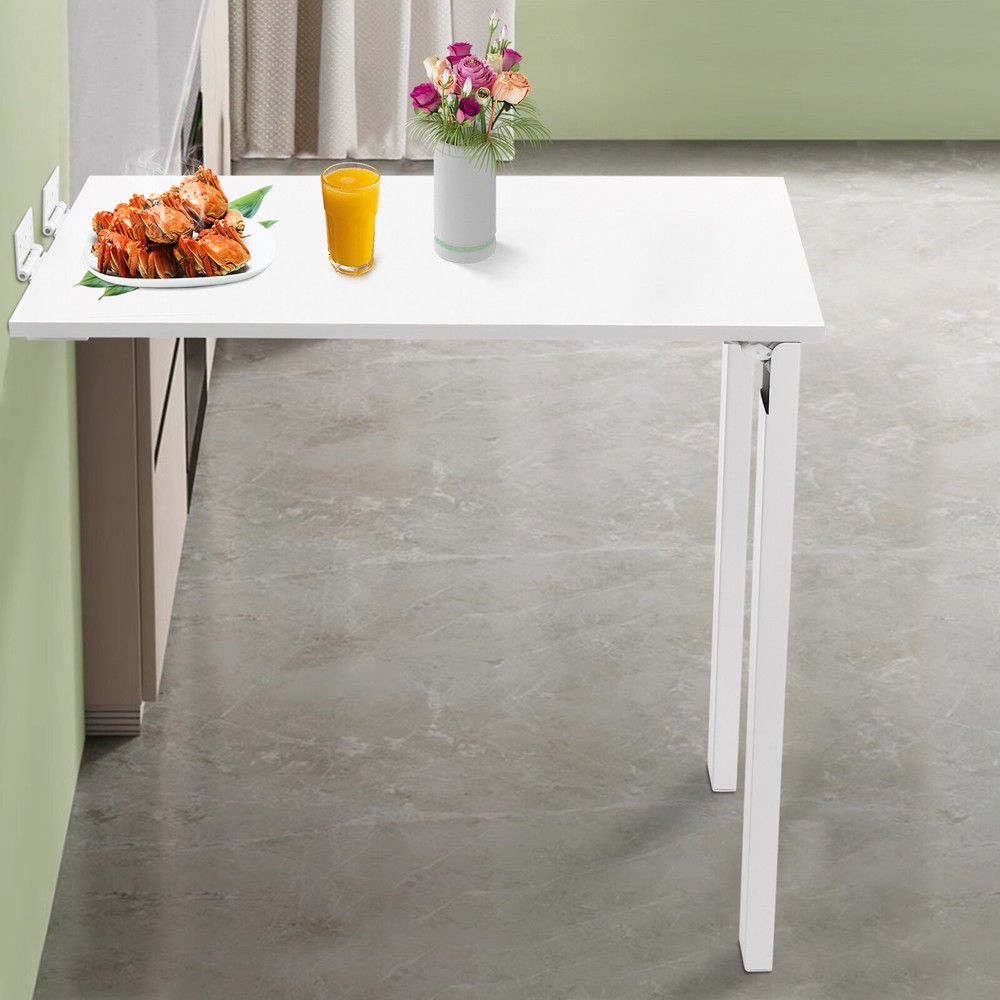 White Wall-Mounted Wooden Folding Dining Table with Drop-Leaf Design  