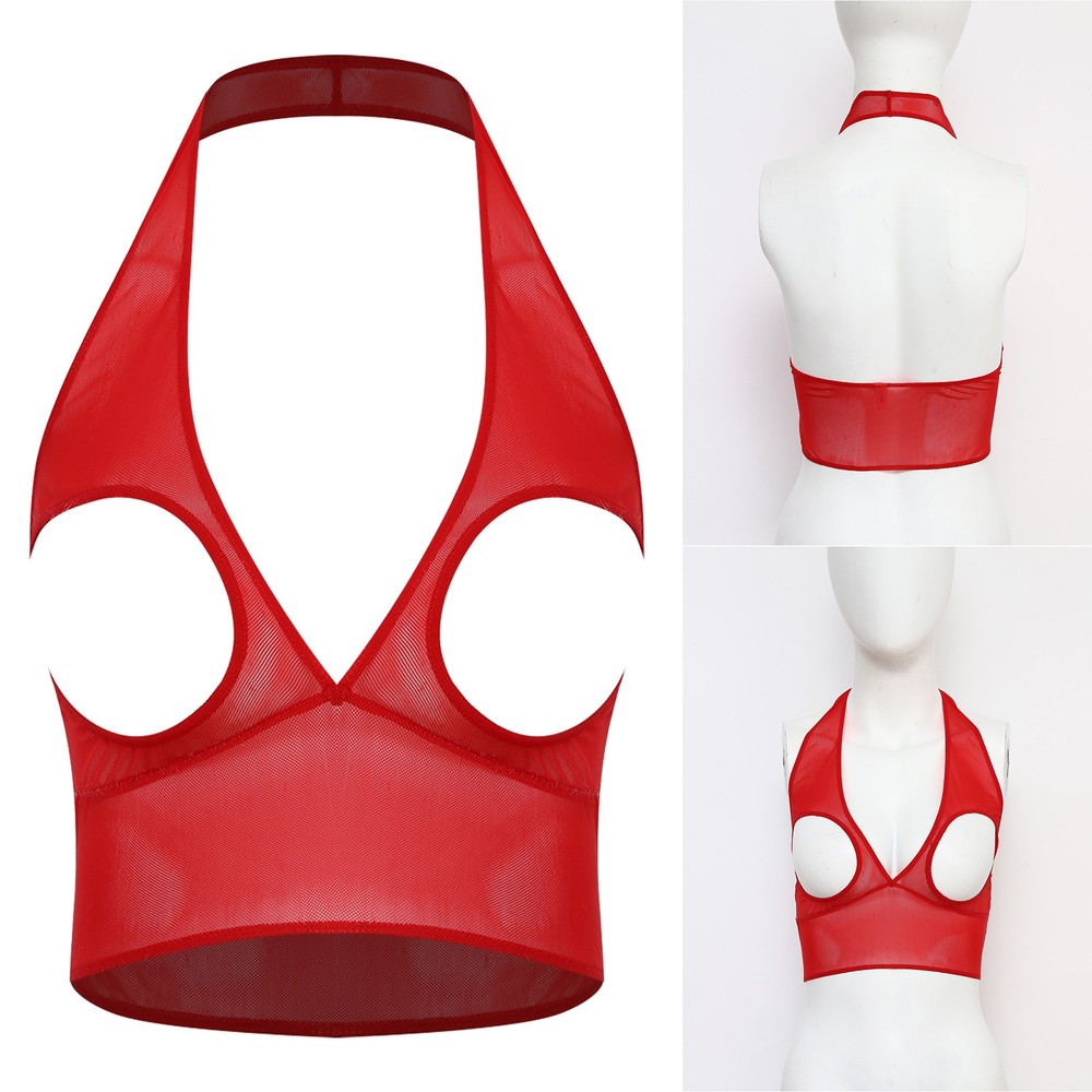 Women Sheer Mesh Bralette Hollow Out Bra Vest See-through Halter Crop Tank Tops