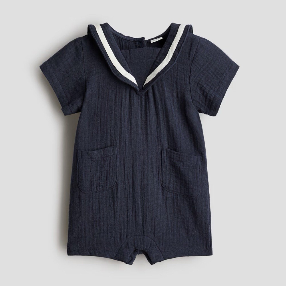 H&M Organic Muslin Romper Suit Sailor Collar Baby Boy Toddler Sz 12mo NWT
