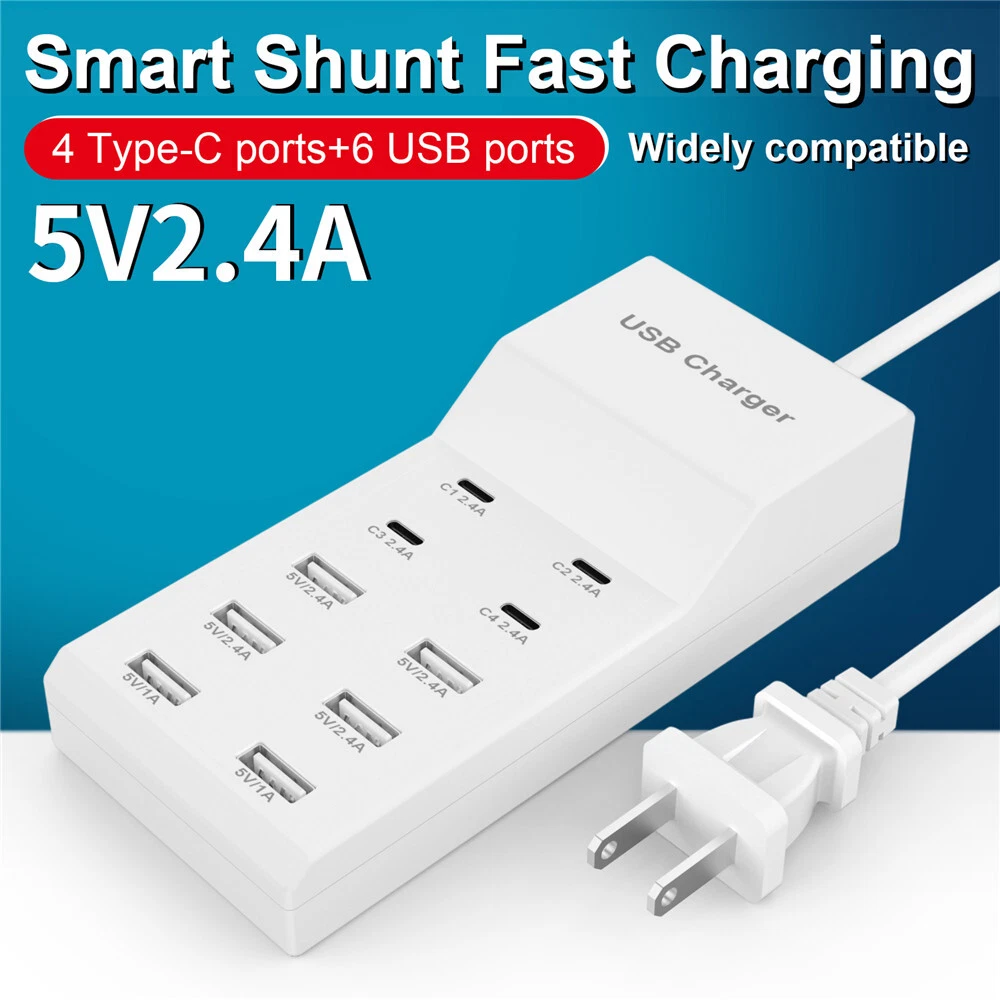 Multi 10 Port USB C Charger Station Wall Type C Fast Charging Adapter USB Hub
