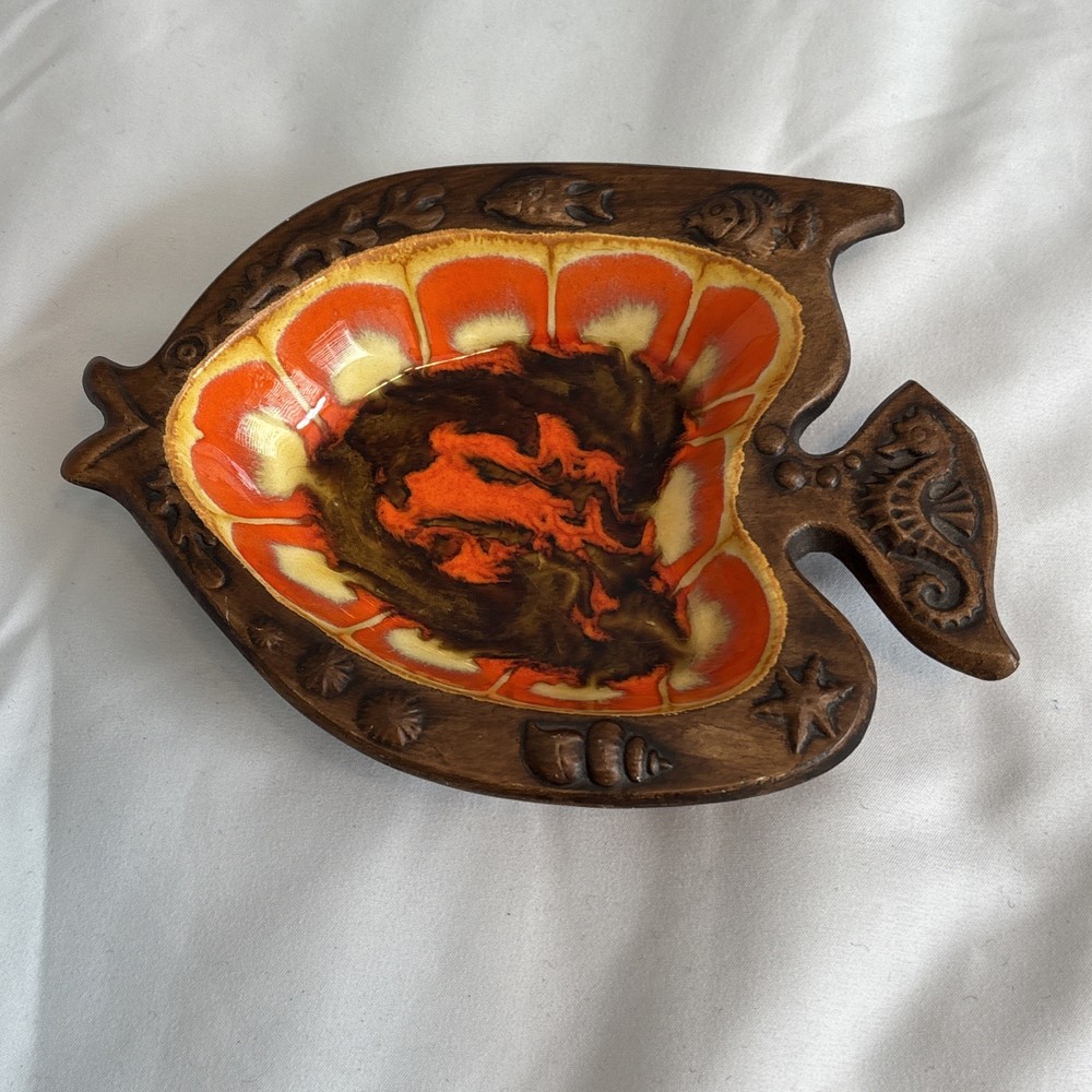 Vintage Treasure Craft Fish Trinket Dish Orange Yellow Lava Glaze