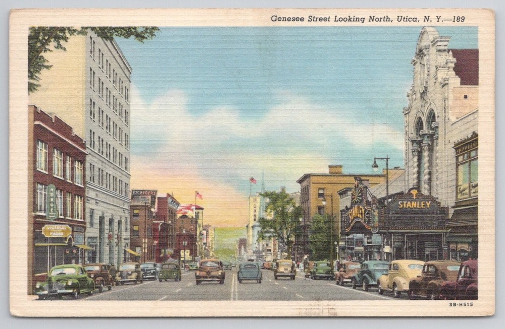 Utica NY Genesee Street Stanley Theatre Linen Postcard 1940s Vintage Car Views