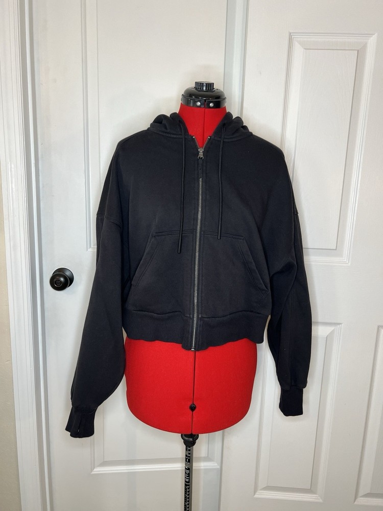 JoyLab Black Cropped Full Zip Hoodie Sweatshirt Long Sleeve Thumb Holes Womens S