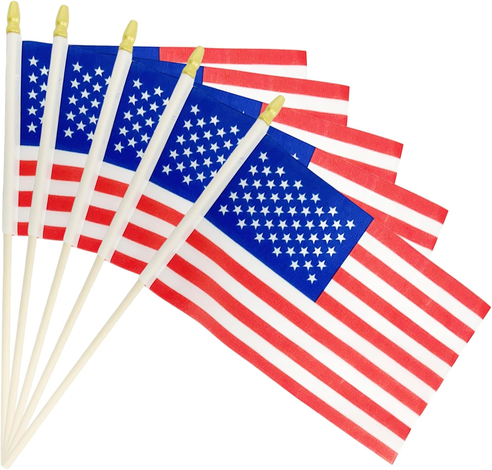 Pack of 20, Handheld American Flags 5x8 Inch - Small USA Flags on Wood Sticks