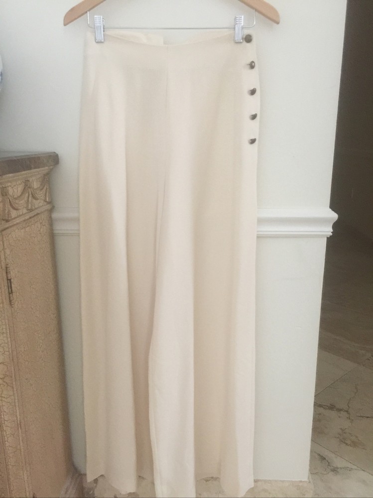 ABS Ivory Palazzo Pants Size 8 with Rare Golden Buttons & Back Lace-Up Detail in Pristine Condition-image